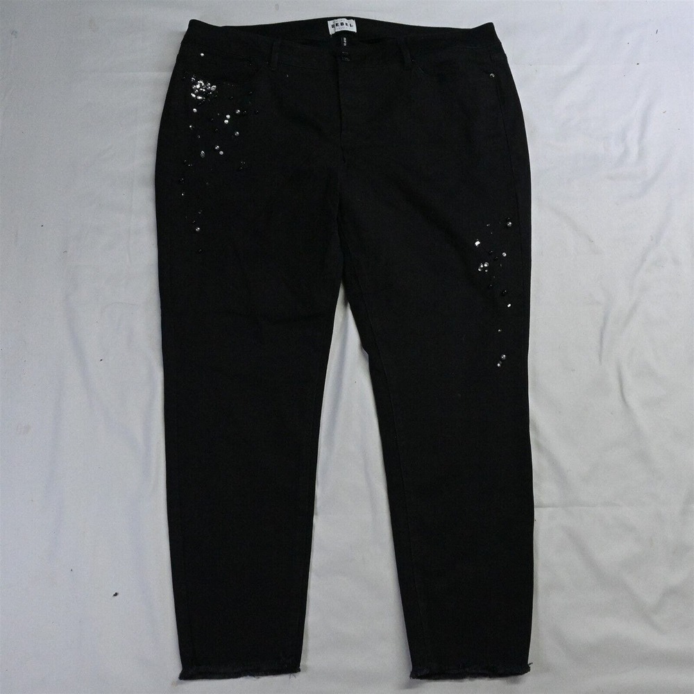Rebel 20W The Pin Up Crop Black Jeweled Raw Hem‎ Stretch Denim Jeans